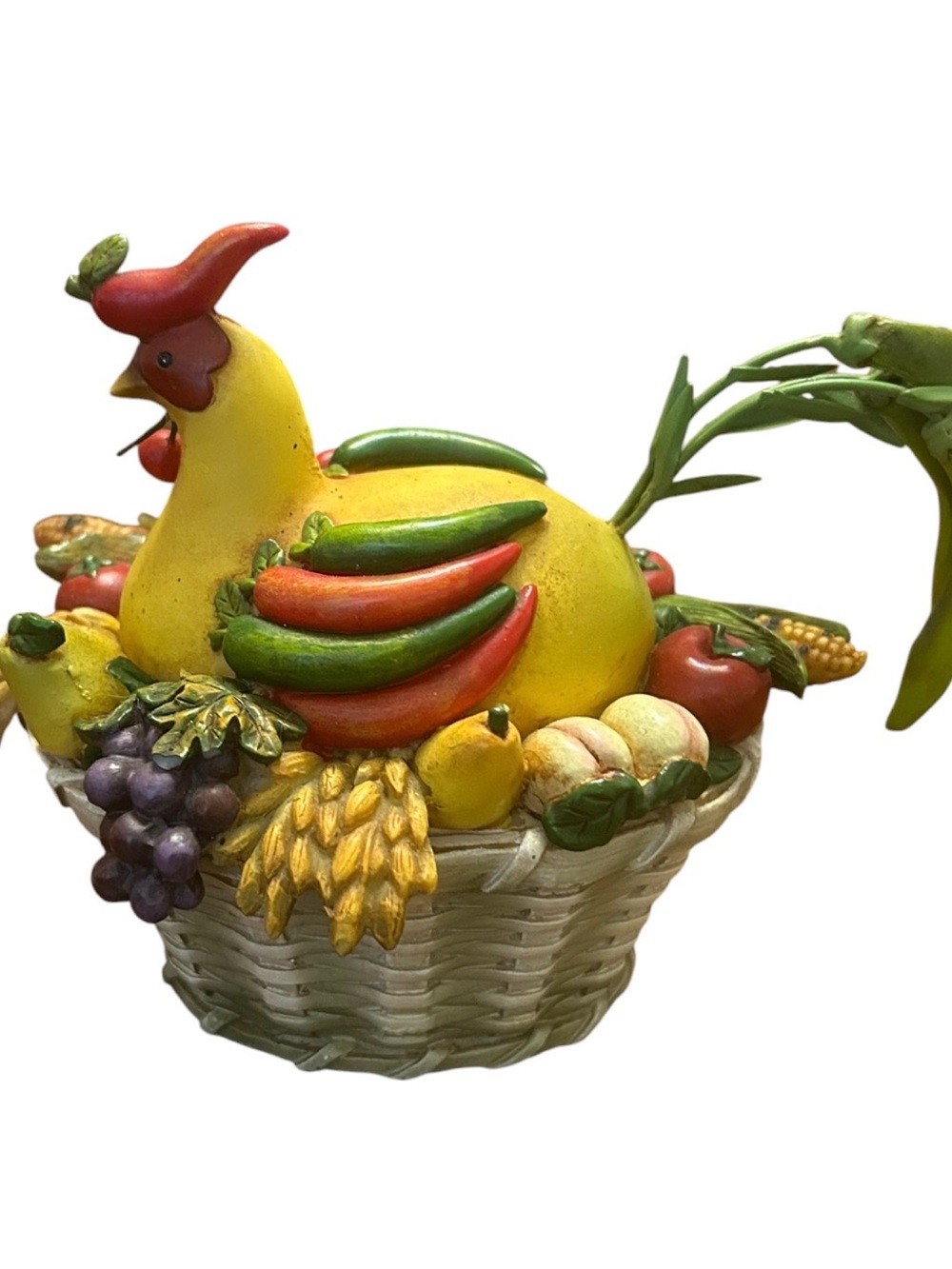 Resin little trinket box rooster on a basket.
